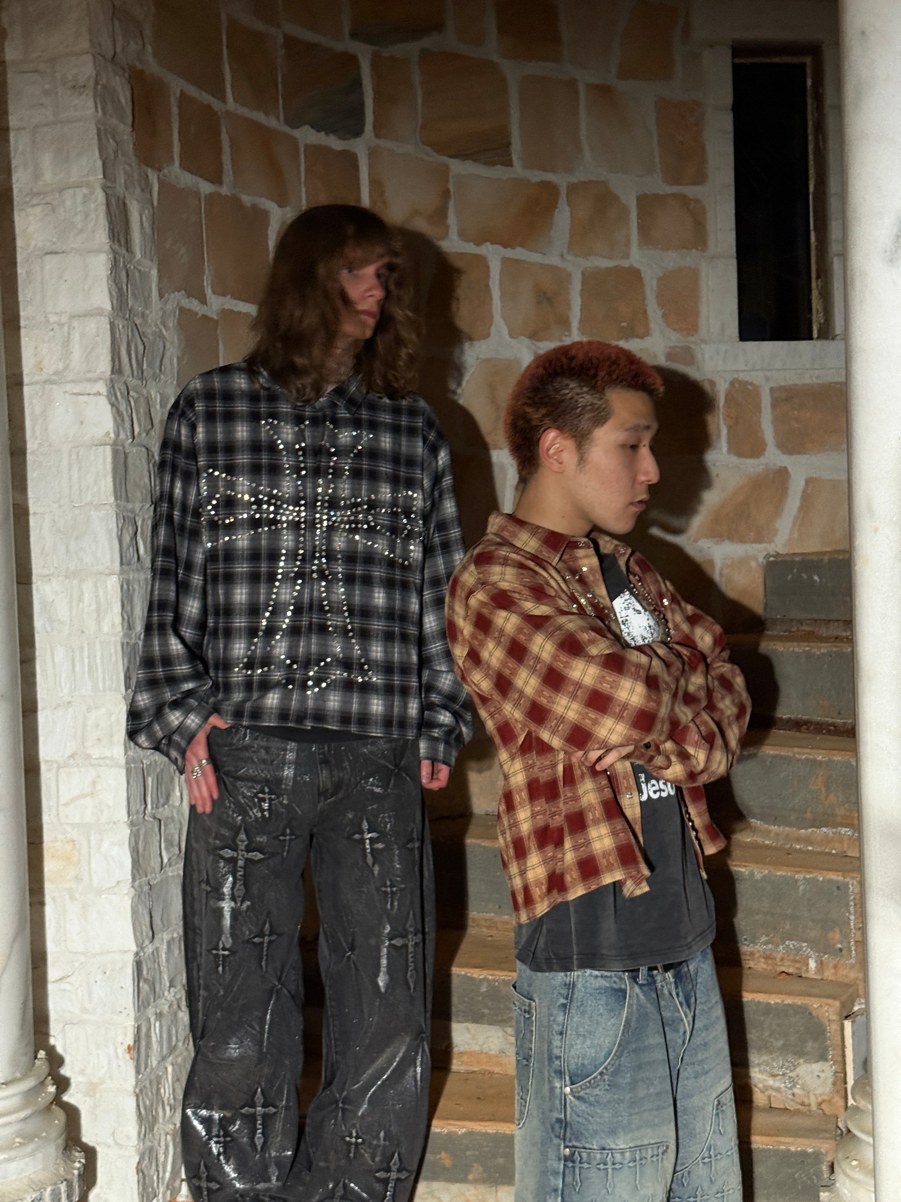 *Rhinestone Cross Flannel (Black/Grey)
